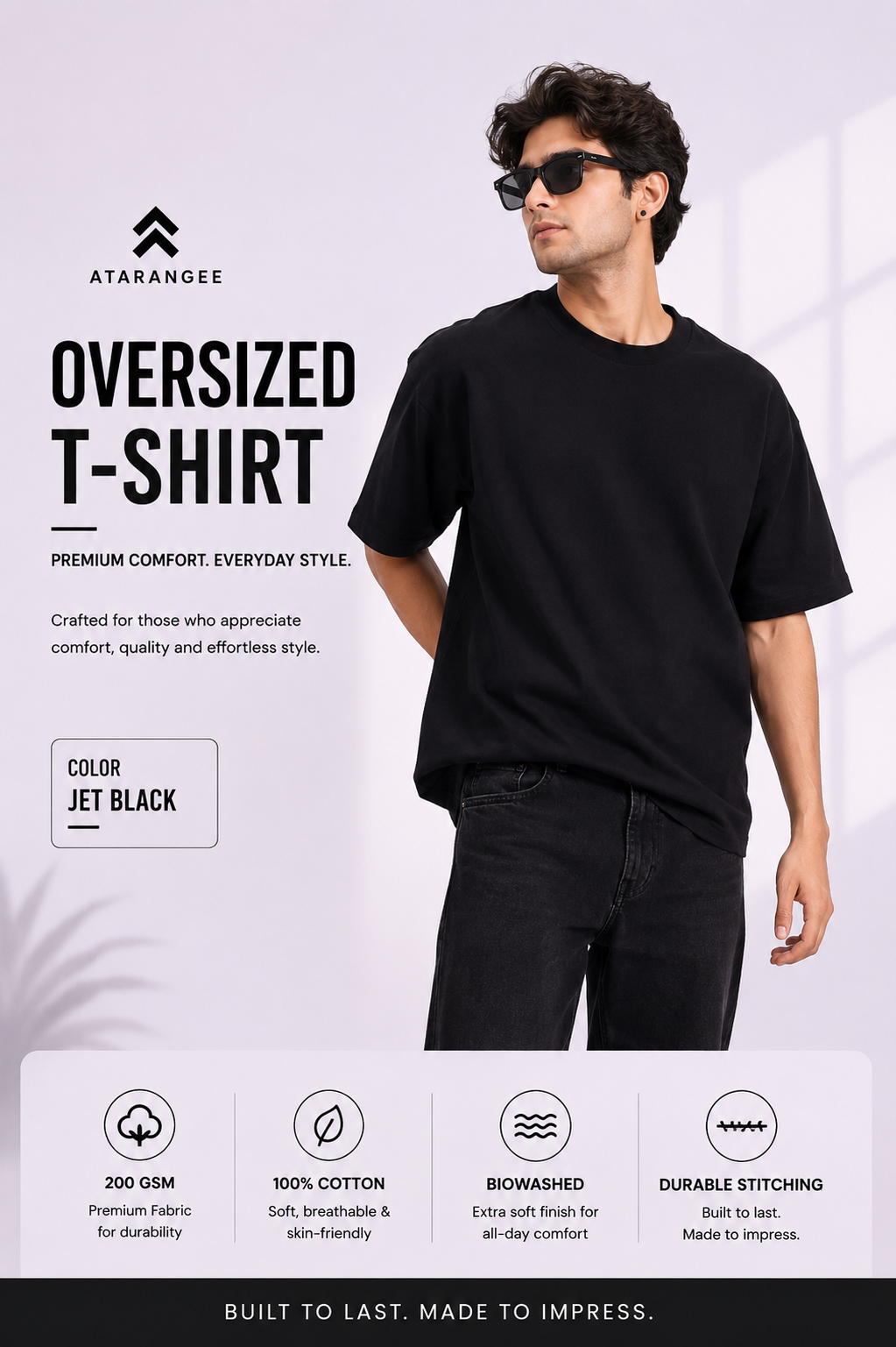 Jet Black Plain T-Shirt for Men | Oversized T-Shirt | Atarangee