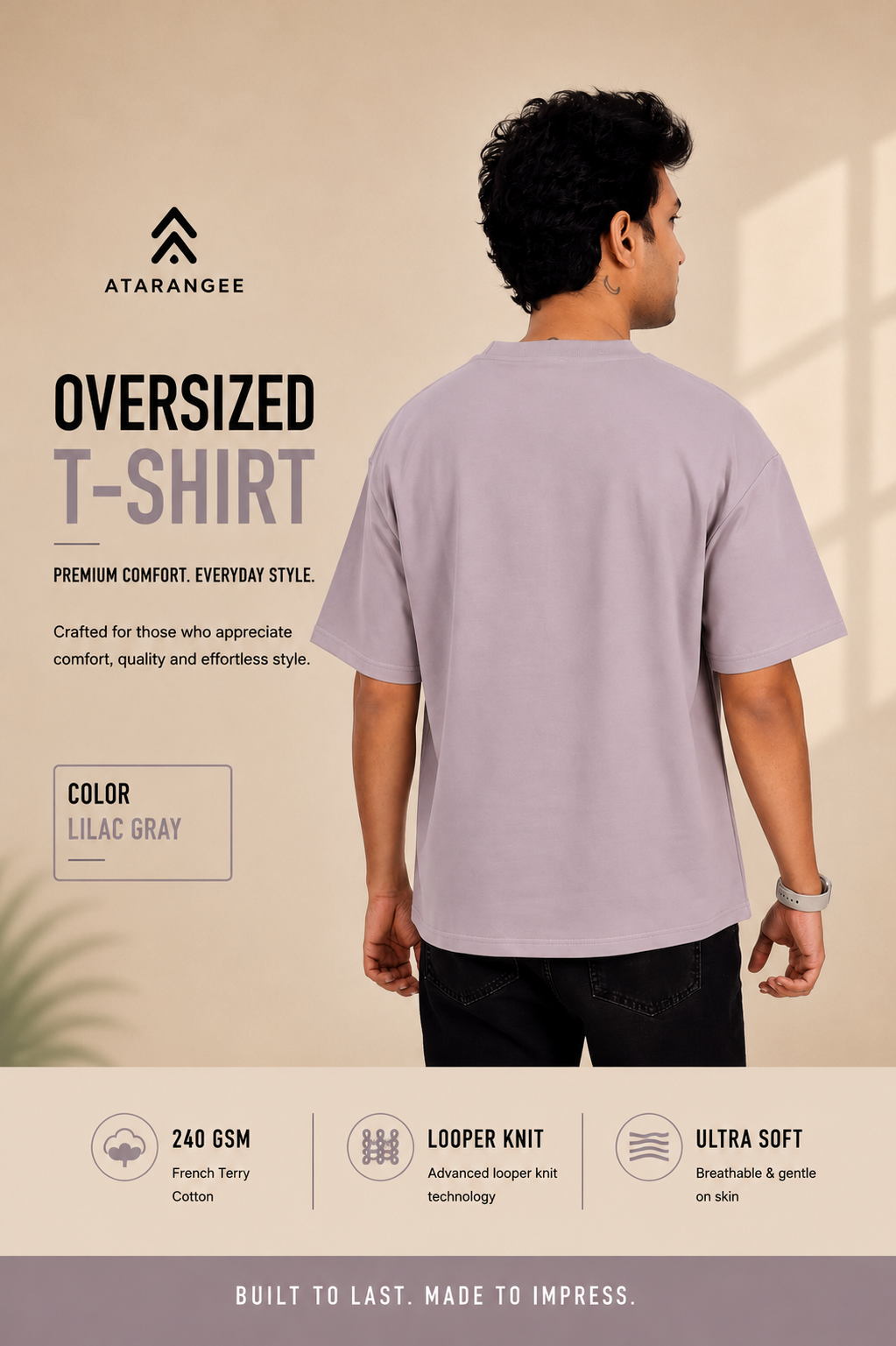 Lilac Gray Plain T-Shirt for Men | Oversized T-Shirt | Atarangee
