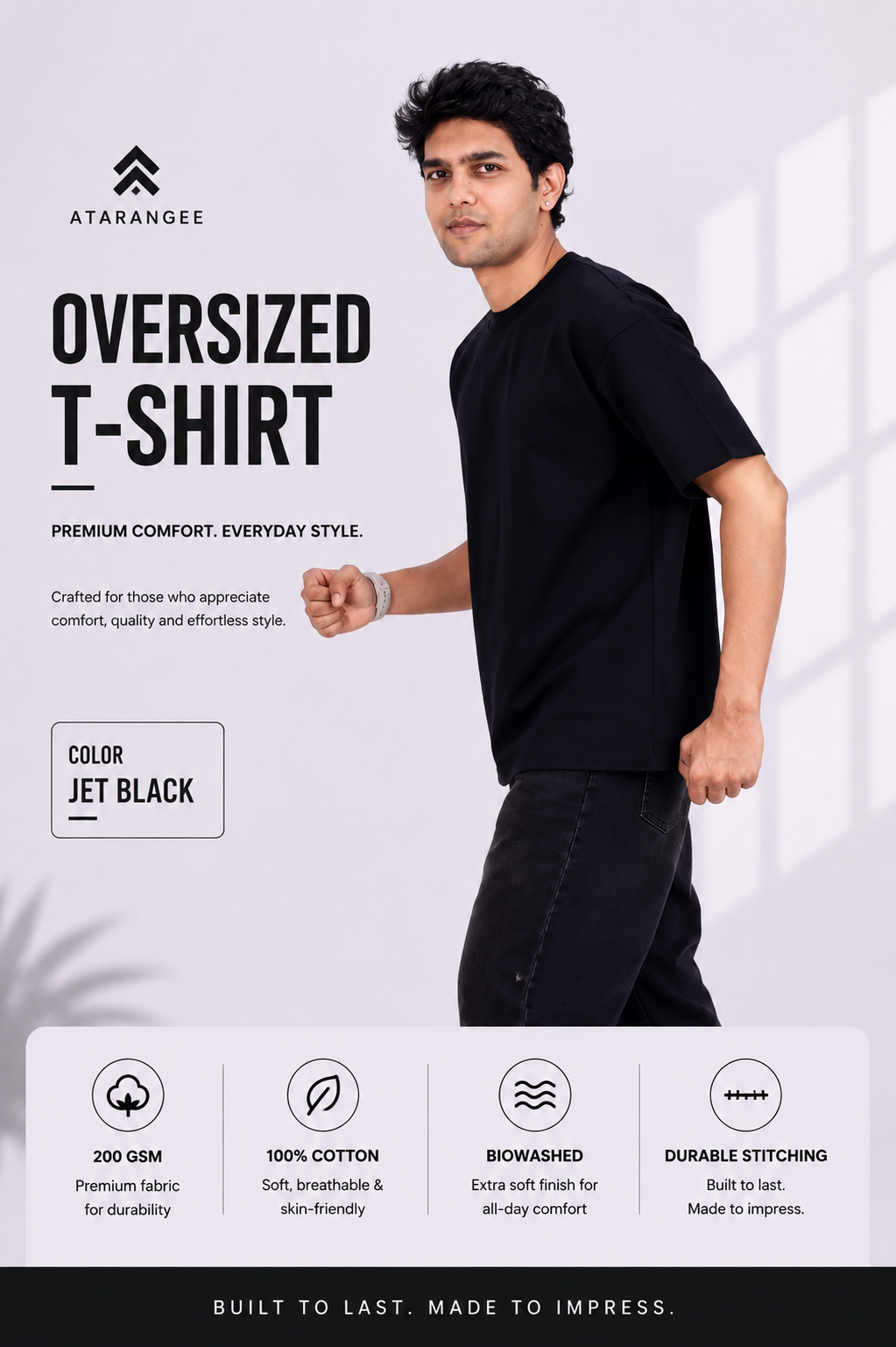 Jet Black Plain T-Shirt for Men | Oversized T-Shirt | Atarangee