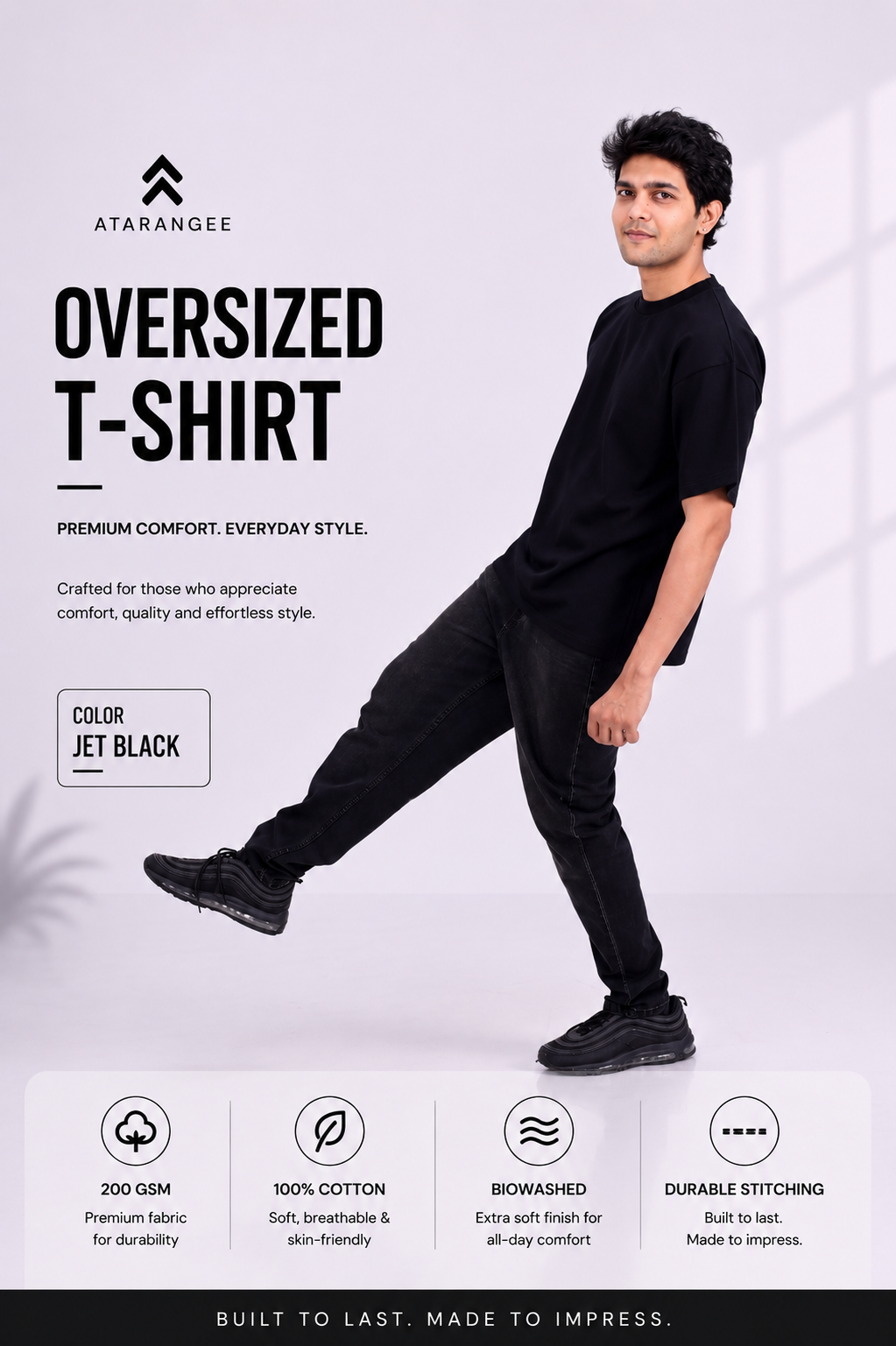 Jet Black Plain T-Shirt for Men | Oversized T-Shirt | Atarangee