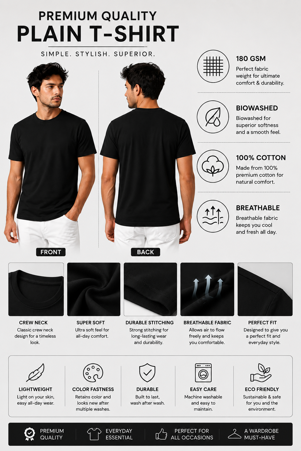 Premium Black Plain T-Shirt | 180 GSM | 100% Cotton