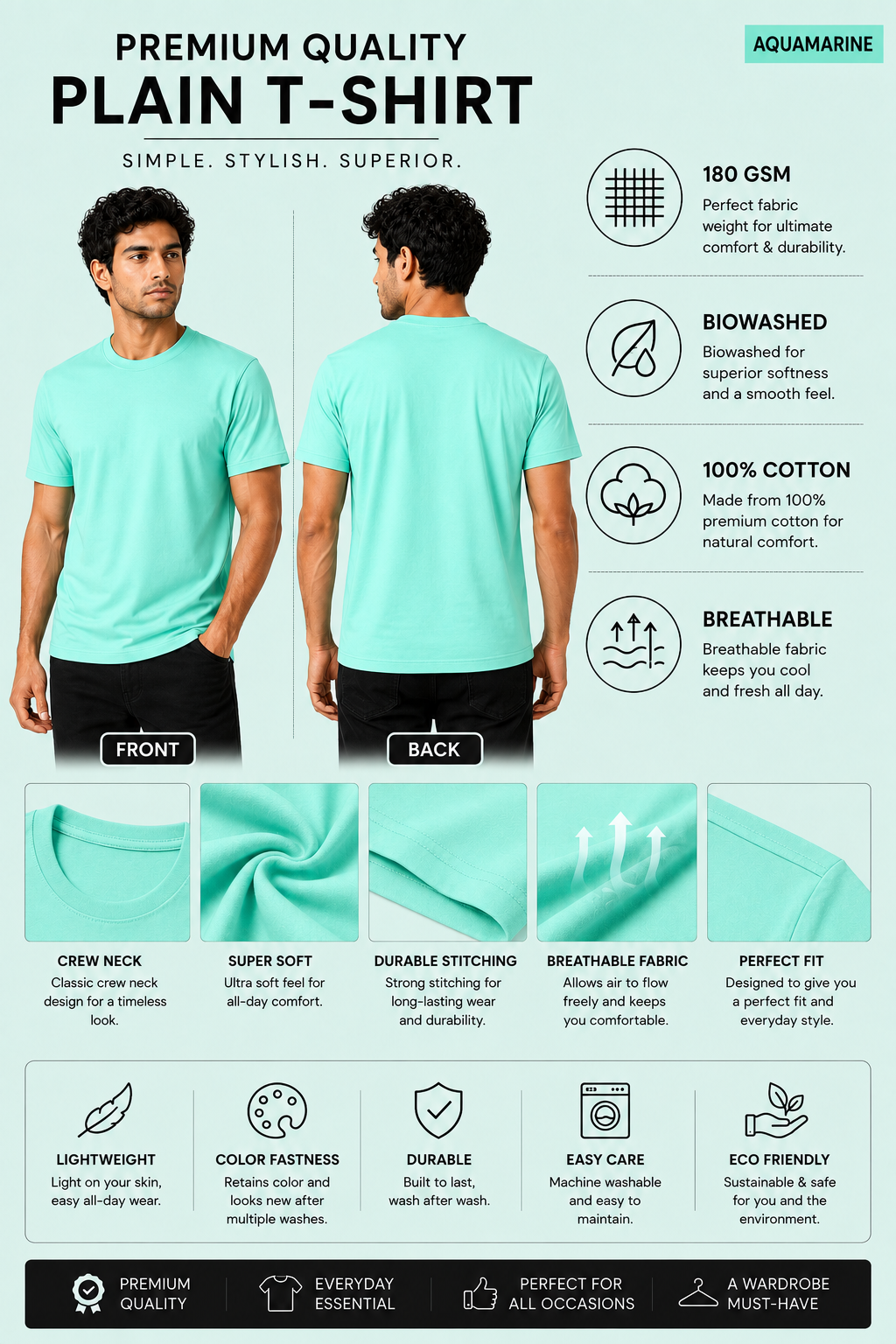 Premium Aquamarine  Plain T-Shirt | 180 GSM | 100% Cotton