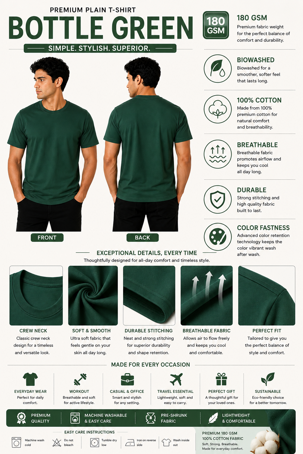 Premium Bottle Green Plain T-Shirt | 180 GSM | 100% Cotton