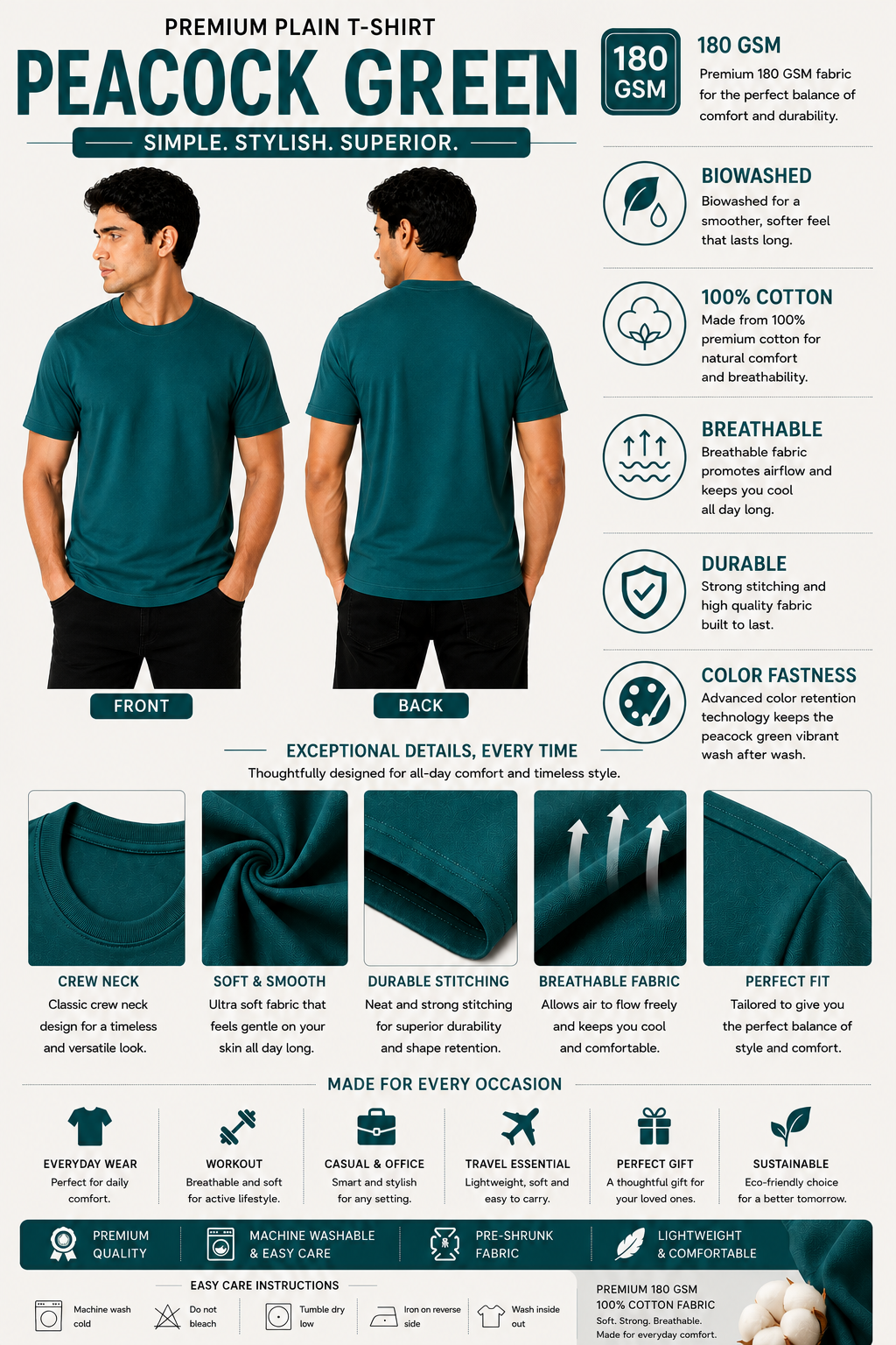Premium Peacock Green Plain T-Shirt | 180 GSM | 100% Cotton