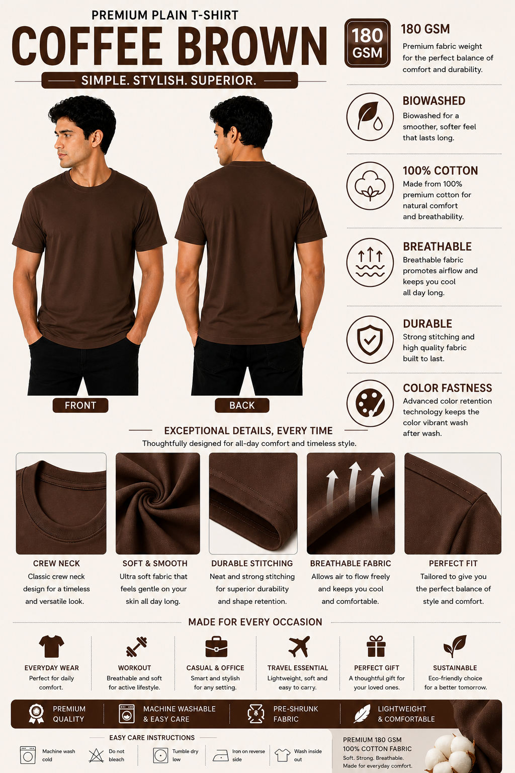 Premium Coffee Brown Plain T-Shirt | 180 GSM | 100% Cotton