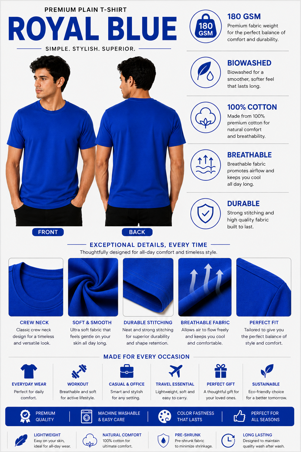 Premium Royal Blue Plain T-Shirt | 180 GSM | 100% Cotton