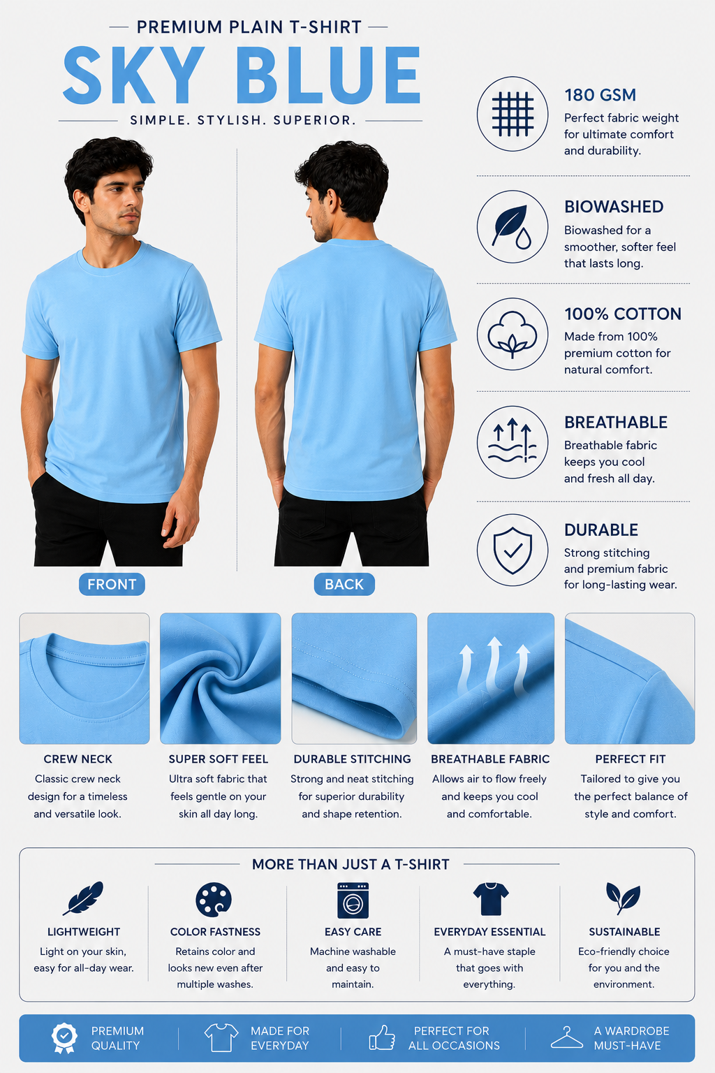 Premium Sky Blue Plain T-Shirt | 180 GSM | 100% Cotton