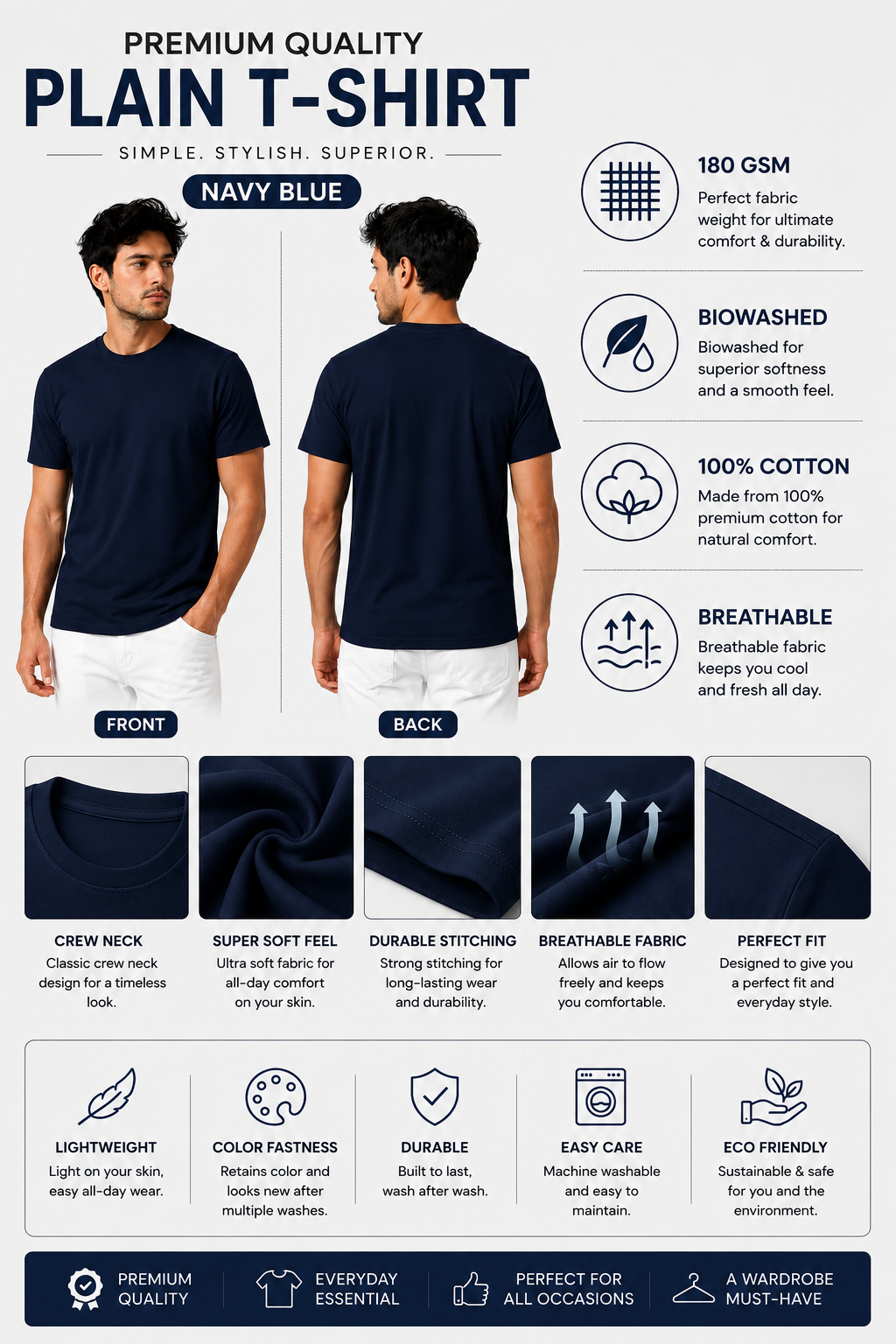 Premium Navy Blue Plain T-Shirt | 180 GSM | 100% Cotton